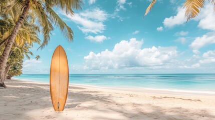 A serene beach scene featuring a surfboard on the sand, with palm trees and a clear blue sky in the background.