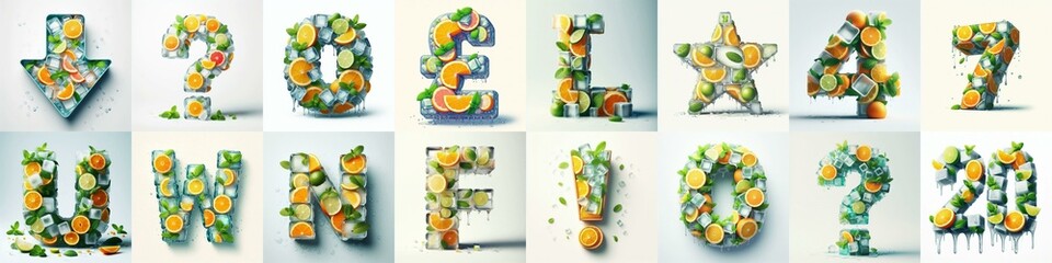 Ice cubes and mints and citrus Lettering Typeface. AI generated illustration