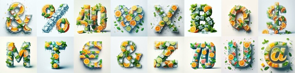 Ice cubes and mints and citrus Lettering Typeface. AI generated illustration