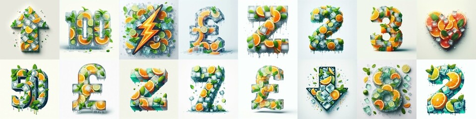 Ice cubes and mints and citrus Lettering Typeface. AI generated illustration
