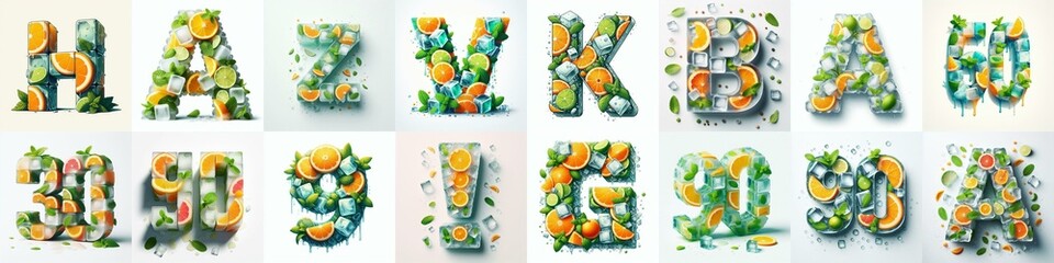 Ice cubes and mints and citrus Lettering Typeface. AI generated illustration