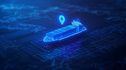 Futuristic hologram of a cargo ship with a location pin, symbolizing global shipping logistics and maritime navigation technology.
