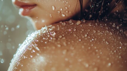 Fototapeta premium Woman, shoulder and shower with water for hygiene, droplets or wash on a pink studio background. Close up of female person or young model with natural liquid in skincare, hydration or cleanliness