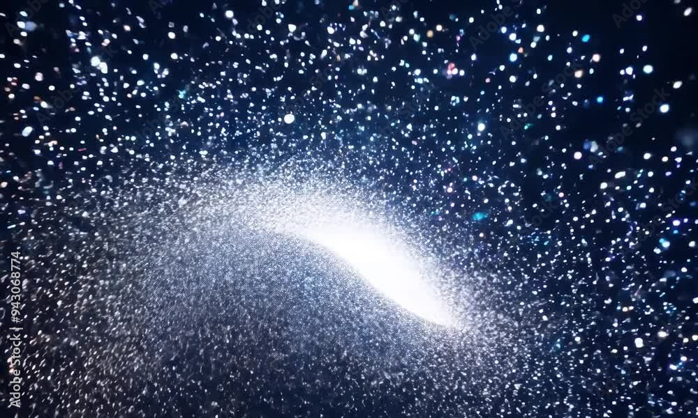 Poster Sparkling particles dance through a dark void, creating a mesmerizing cosmic display of light and motion in a tranquil atmosphere. Generative AI