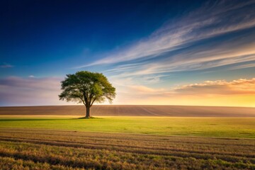 Fototapeta premium a photo image of a vast open field with a faint silhouette of a lone tree standing tall at the horizon