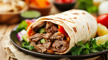 Show several skewers of kebab, each with well-grilled pieces of meat, vegetables, and perhaps garnished with herbs or spices. The kebabs should be arranged in an appetizing manner