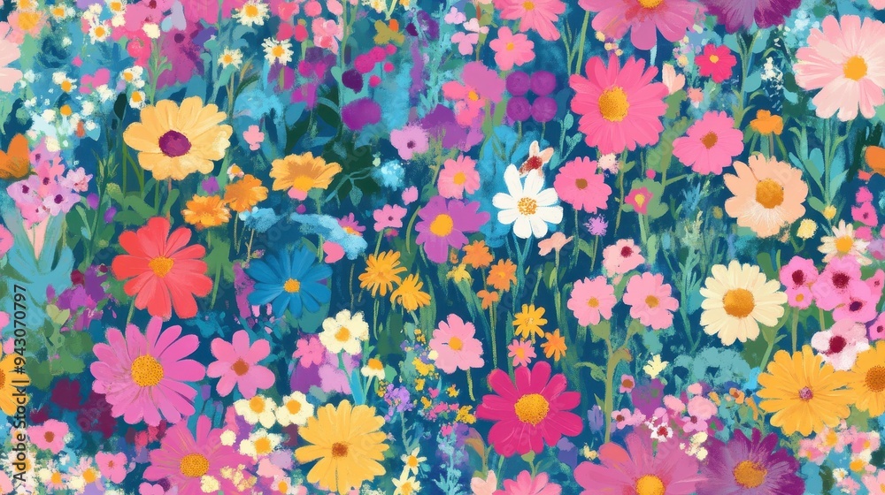 Wall mural seamless pattern, a vibrant floral pattern featuring a variety of colorful flowers on a rich blue ba