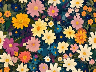 seamless pattern, A vibrant floral pattern showcasing various colorful flowers in full bloom, perfect for nature enthusiasts and decor.