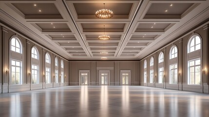 Elegant Empty Event Hall with Expansive Floor Plan, High-End Ceiling Fixtures, and Sophisticated Decor