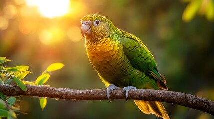 Sunrise and Kakapo: A Rare Glimpse of Endangered Species in Its Element, Perched Against a Backdrop of Golden Light