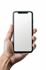 Hand holding black smartphone with mockup of blank screen on isolated white background, copy space, mock up, minimalistic