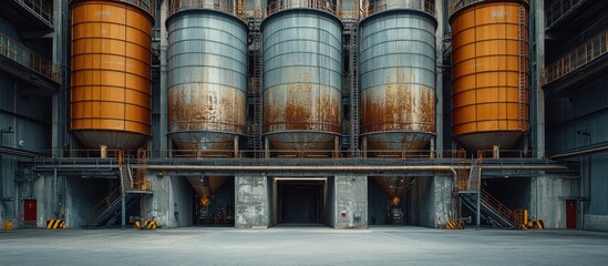 Fototapeta premium Industrial Factory Interior with Large Rusty Silos and Concrete Floor in a Modern Manufacturing Facility