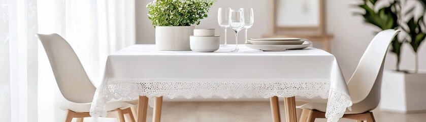Modern dining table setup with a clean tablecloth, plants, and elegant tableware, perfect for a cozy dining experience.