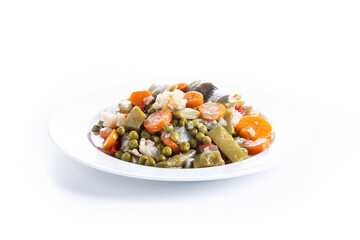 Menestra de verduras or Spanish vegetable stew isolated on white background