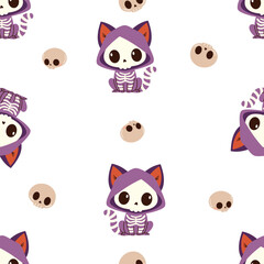Seamless vector pattern for the Halloween holiday. Cute kitten in skeleton, skull costume. Vector illustration