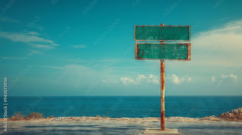 Wall mural rusty green signpost with two signs against a blue sky and ocean background