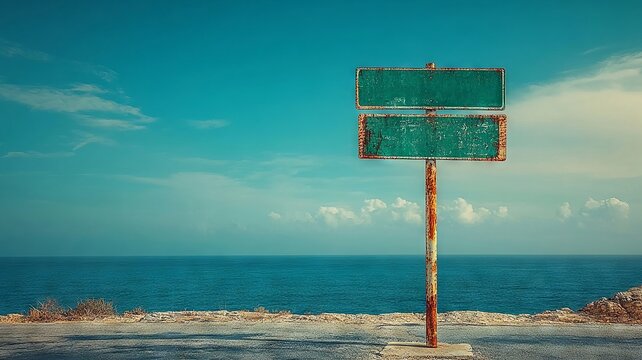 Rusty green signpost with two signs against a blue sky and ocean background