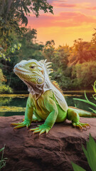 Fototapeta premium iguana on a branch, sunset in the jungle