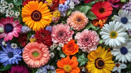 Beautiful, vivid, colorful mixed flower bouquet still life detail