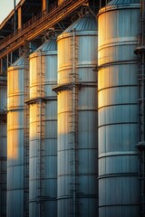 Industrial Silos at Sunset with Golden Light Reflecting on Metal Structures in a Modern Agricultural Facility
