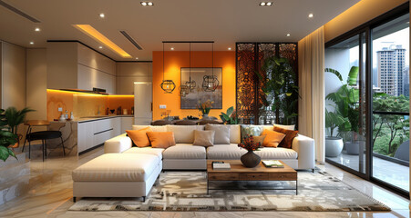 Cozy modern living room with white sofa and Indian wall art in open plan layout