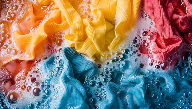 Color clothing in suds, top view. Hand washing laundry