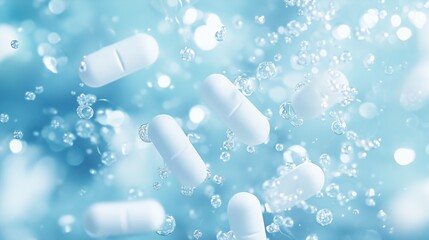 White Pills Floating in Blue Water with Bubbles