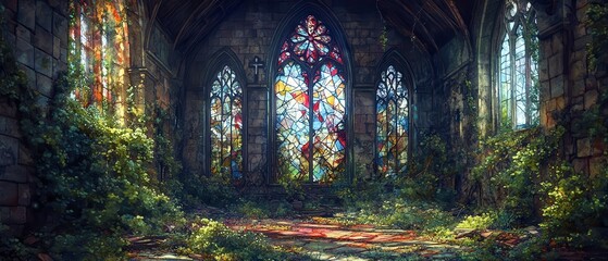A serene, abandoned chapel with colorful stained glass windows surrounded by lush greenery, evoking a sense of peace and nostalgia.