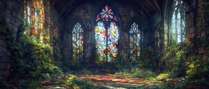 A serene, abandoned chapel with colorful stained glass windows surrounded by lush greenery, evoking a sense of peace and nostalgia.