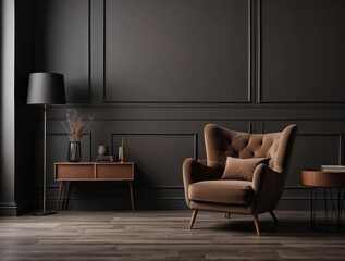 Brown Armchair in a Modern Living Room with Dark Walls and Wooden Floor