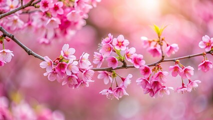Obraz premium Close-up of pink flowers on branch with soft blurred background