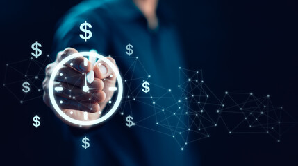 Businessman hand pointing sign clock. Concept business time is money , reduced time work to have time and management planning increases efficiency