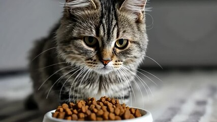 gray cat eats dry cat food  from white pest bowl, alert british shorthair cat with bowl of kibble in modern kitchen setting, pet nutrition and lifestyle brands