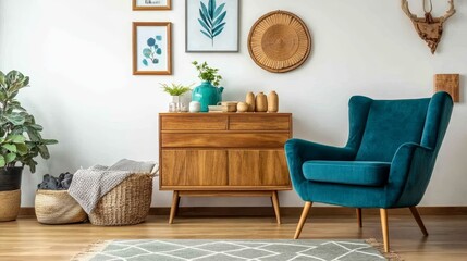 A cozy living room featuring a wooden cabinet, teal chair, wall art, and plants, designed for a warm atmosphere.