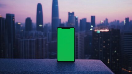 Smartphone with green screen on rooftop in modern city at dusk with urban lights