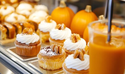 pumpkin-flavored pastries and beverages prominently displayed in Parisian ,Generative AI