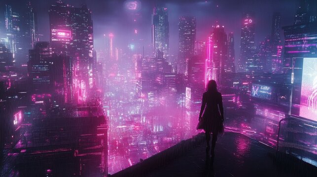 AIcontrolled metropolis, digital architecture, futuristic society, neon holograms.