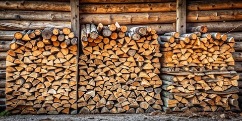 Horizontal background of neatly stacked firewood for winter use in rustic setting