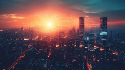 AIdriven cityscape, futuristic infrastructure, digital networks, innovative technology.,