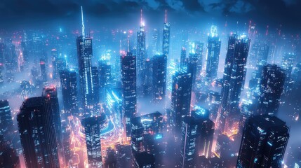 Smart AI city, digital innovation, futuristic infrastructure, holographic society.