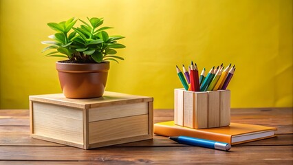 Vibrant still life composition with wooden cube, potted plant, markers, and sold out book symbolizing creativity, learning, and limited availability in modern setting