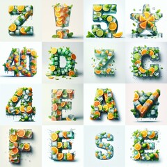 Ice cubes and mints and citrus Lettering Typeface. AI generated illustration