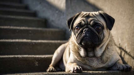 Obraz premium A High-Resolution Photograph of a Dirty and Unkempt Stray Pug without a Collar