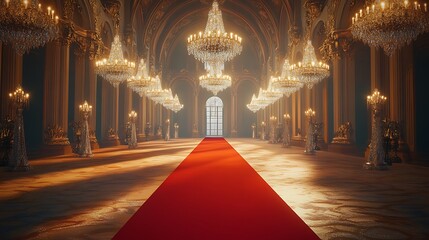 Obraz premium Glamorous Red Carpet Path in a Lavishly Lit Hall with Crystal Chandeliers and Ornate Details for a Prestigious Ceremony