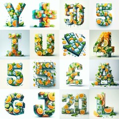 Fototapeta premium Ice cubes and mints and citrus Lettering Typeface. AI generated illustration