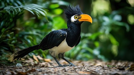 Exotic black bird with an orange beak standing in a lush forest