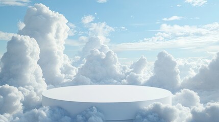 A 3D render of a round white platform, floating among fluffy clouds, evoking a peaceful and heavenly atmosphere.