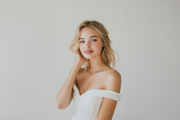 young women in elegant white dresses, blending casual gala vibes with a hint of teen party energy. The white backdrop complements the happy, relaxed, and slightly playful mood of the shoot.