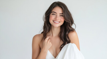 young women in elegant white dresses, blending casual gala vibes with a hint of teen party energy. The white backdrop complements the happy, relaxed, and slightly playful mood of the shoot.