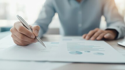 A business professional writing on a document, analyzing data with graphs and charts in a modern office environment.